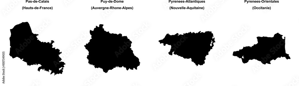 Obraz premium Pas-de-Calais, Puy-de-Dome, Pyrenees-Atlantiques, Pyrenees-Orientales outline maps