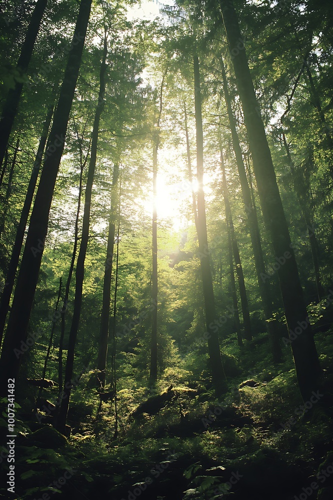 Fototapeta premium Sunlight streaming through the trees in a lush green forest