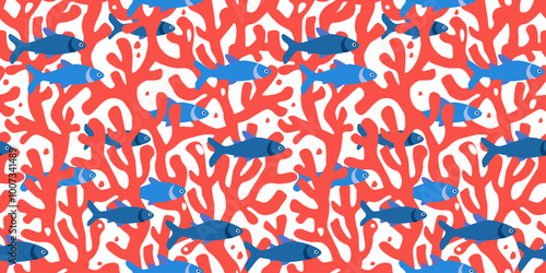 Seamless pattern with seabed. Print with fishes on a background of rich corals. Vector graphics.