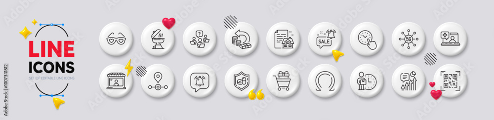 5g technology, Market seller and Omega line icons. White buttons 3d icons. Pack of Love glasses, Qr code, Teamwork question icon. Promotion bell, Kpi, Shopping trolley pictogram. Vector 5g technology, Market seller and Omega line icons. White buttons 3d icons. Pack of Love glasses, Qr code, Teamwork question icon. Promotion bell, Kpi, Shopping trolley pictogram. Vector