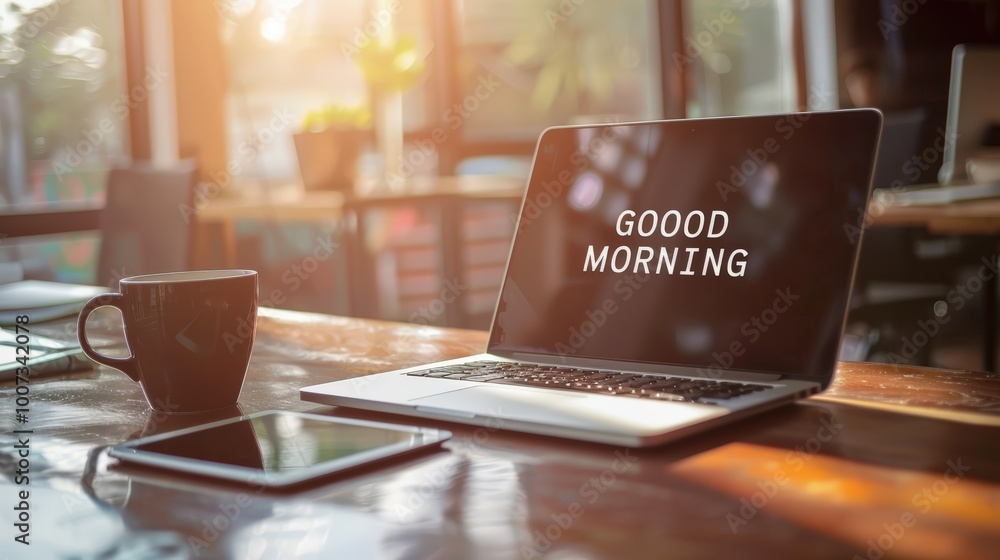 Text good morning on laptop notebook computer on office table, sunlight through window, coffee cup or mug on desk job workplace Text good morning on laptop notebook computer on office table, sunlight through window, coffee cup or mug on desk job workplace