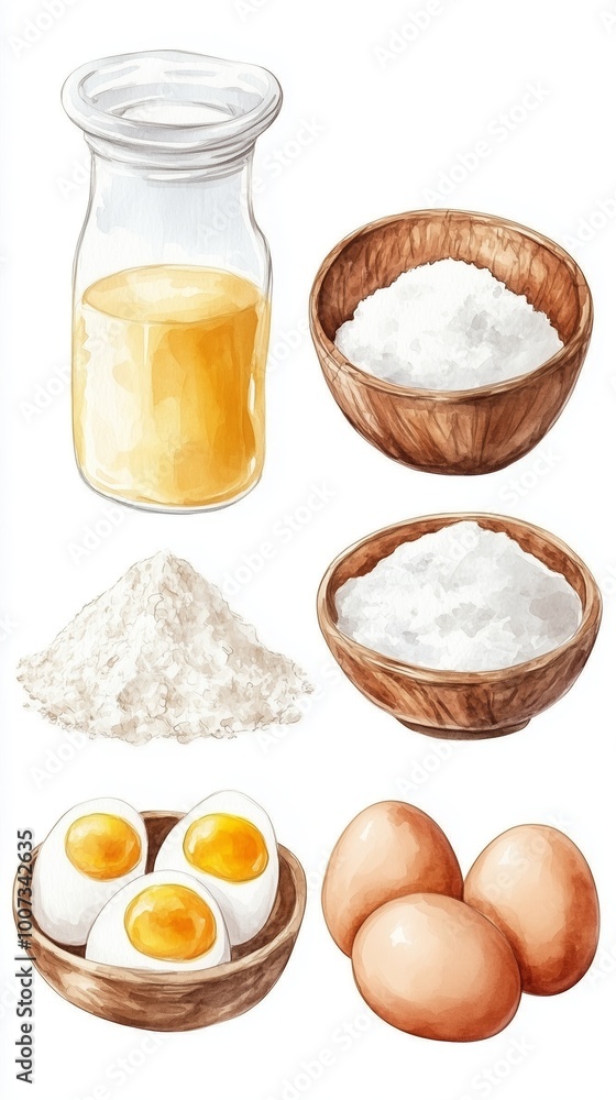 Ingredients for baking displayed, featuring flour, sugar, eggs, and a jar of liquid in wooden bowls on a light background Ingredients for baking displayed, featuring flour, sugar, eggs, and a jar of liquid in wooden bowls on a light background