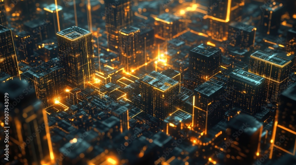 Naklejka premium Cyberpunk Cityscape: Digital Metropolis