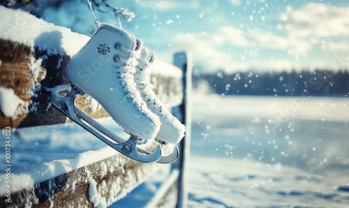 Snowflakes settling on a pair of ice skates hanging from a wooden fence, with a frozen lake shimmering in the background photo