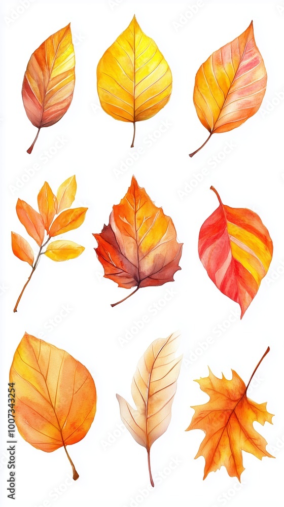 Obraz premium A vibrant collection of orange and yellow autumn leaves displayed artistically against a white background showcasing nature's seasonal beauty