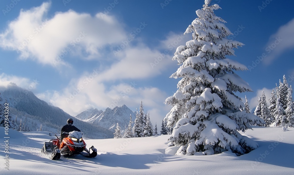 Snowmobile by a snowy tree Snowmobile by a snowy tree