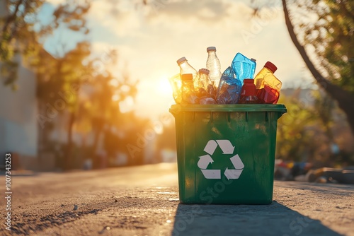 Bac de recyclage vert rempli de bouteilles en plastique au lever du soleil, tri sélectif et écologie