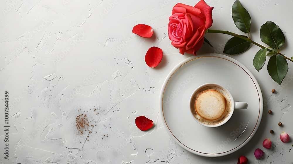 Cup of coffee with scattered rose petals on a textured white background. Romantic flat lay composition with copy space for Valentine's Day banners, greeting cards, or coffee promotions. Cup of coffee with scattered rose petals on a textured white background. Romantic flat lay composition with copy space for Valentine's Day banners, greeting cards, or coffee promotions.
