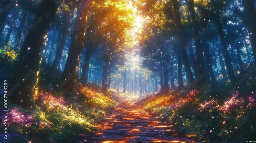 Mystical forest path bathed in golden light. Mystical forest path bathed in golden light.