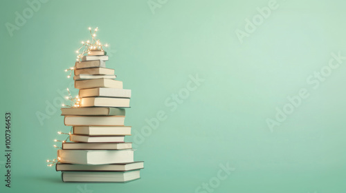 Alternative Christmas tree made from a stack of books. Stack of books in the shape of a Christmas tree, decorated with lights. Light green background. Modern, copy space, minimal photo