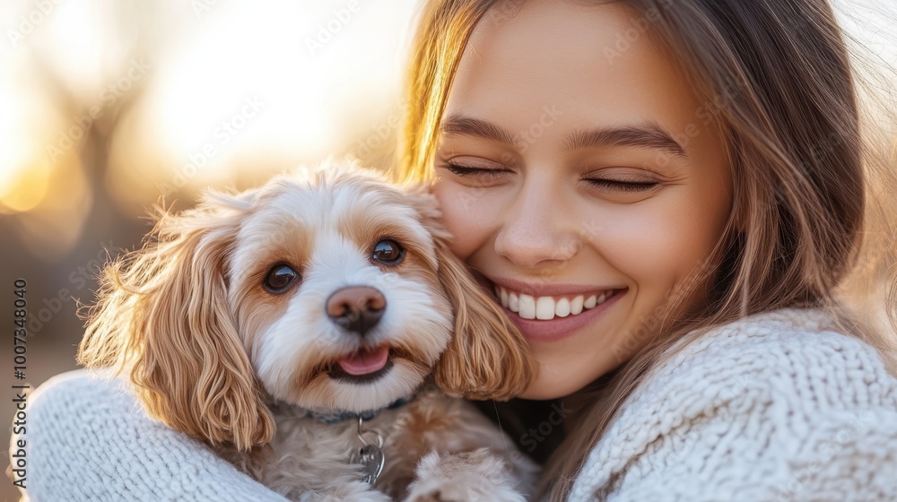 A joyful young woman holds her fluffy dog in a radiant sunset scene, both beaming with happiness, depicting a heartwarming moment of companionship. A joyful young woman holds her fluffy dog in a radiant sunset scene, both beaming with happiness, depicting a heartwarming moment of companionship.