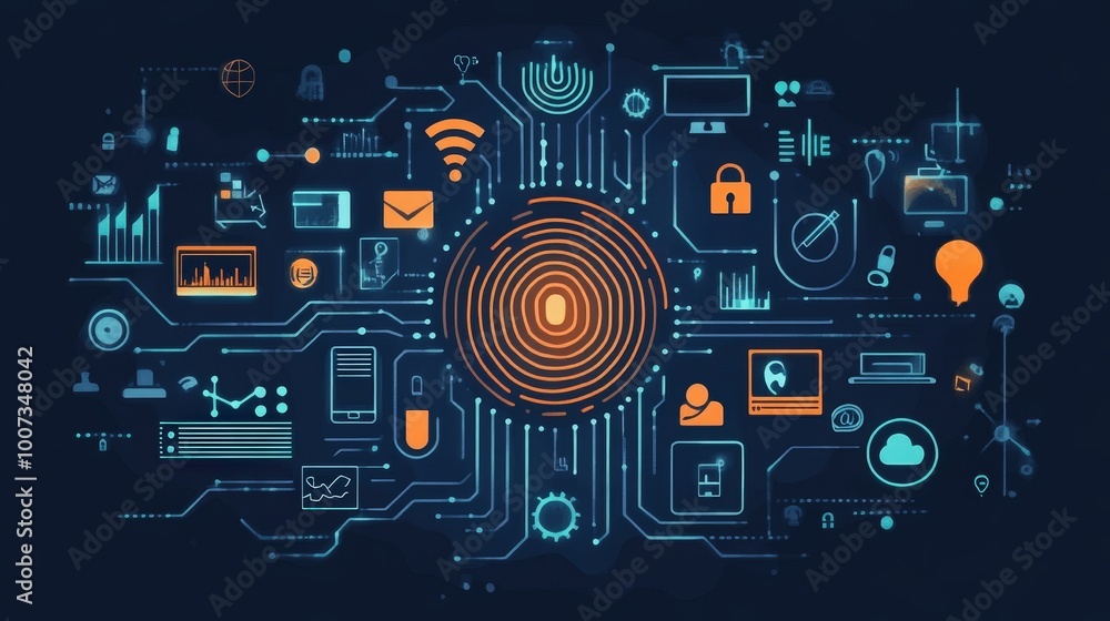 Digital Fingerprint Surrounded by Technology Icons Representing Cybersecurity, Data Protection, and Identity Authentication Digital Fingerprint Surrounded by Technology Icons Representing Cybersecurity, Data Protection, and Identity Authentication