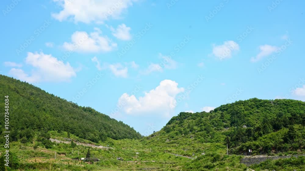 Natural fresh summer mountain forest blue sky white clouds flow time lapse Natural fresh summer mountain forest blue sky white clouds flow time lapse