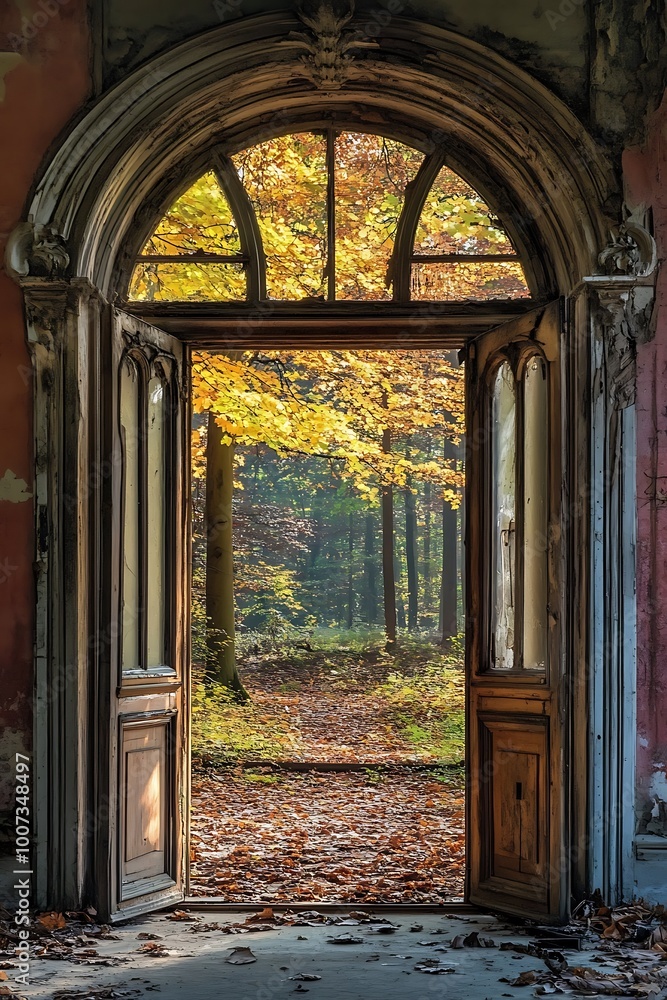 Open door leading to a forest path with fall foliage, an old building facade, and a sense of mystery Open door leading to a forest path with fall foliage, an old building facade, and a sense of mystery