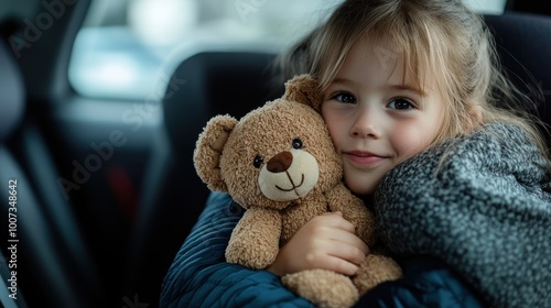 A young child holds a teddy bear while looking out of the car window, capturing a sense of curiosity, warmth, innocence, and the simplicity of childhood exploration. photo