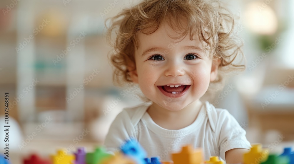 A joyful toddler with curly hair is playing with bright, colorful building blocks on a carpeted floor in a well-lit, cozy room filled with positive energy. A joyful toddler with curly hair is playing with bright, colorful building blocks on a carpeted floor in a well-lit, cozy room filled with positive energy.