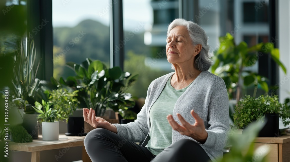 An elderly woman practices meditation, surrounded by various green plants, in a spacious and well-lit room with large windows, promoting peace and relaxation. An elderly woman practices meditation, surrounded by various green plants, in a spacious and well-lit room with large windows, promoting peace and relaxation.