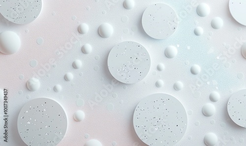 Circular patterns in soft pastel colors with hints of glitter, resembling abstract snow globes floating against a light gray background