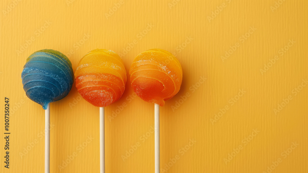 Three lollipops in shades of blue, orange, and yellow stand upright on pale sticks, creating a cheerful and vibrant display against a bright yellow background, perfect for candy lovers. Three lollipops in shades of blue, orange, and yellow stand upright on pale sticks, creating a cheerful and vibrant display against a bright yellow background, perfect for candy lovers.