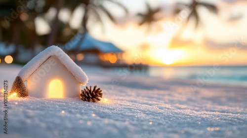 A captivating glowing snow house nestles beside a traditional hut, beautifully displayed on a picturesque sandy beach with palm trees framing a sunset horizon. photo