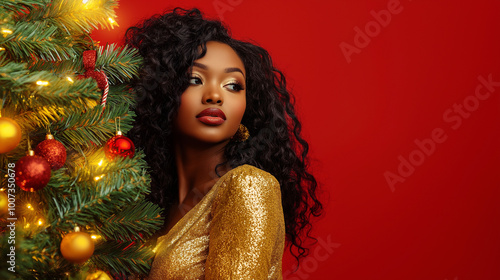 Attractive African American woman in party dress near the Christmas tree looking aside, red background