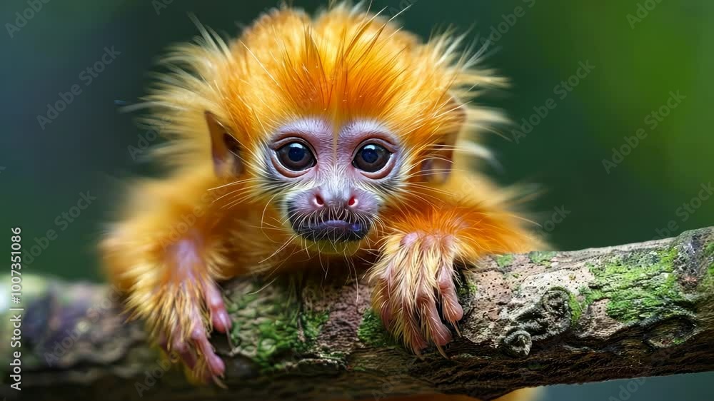 A small, golden monkey sits on a branch in a lush forest A small, golden monkey sits on a branch in a lush forest