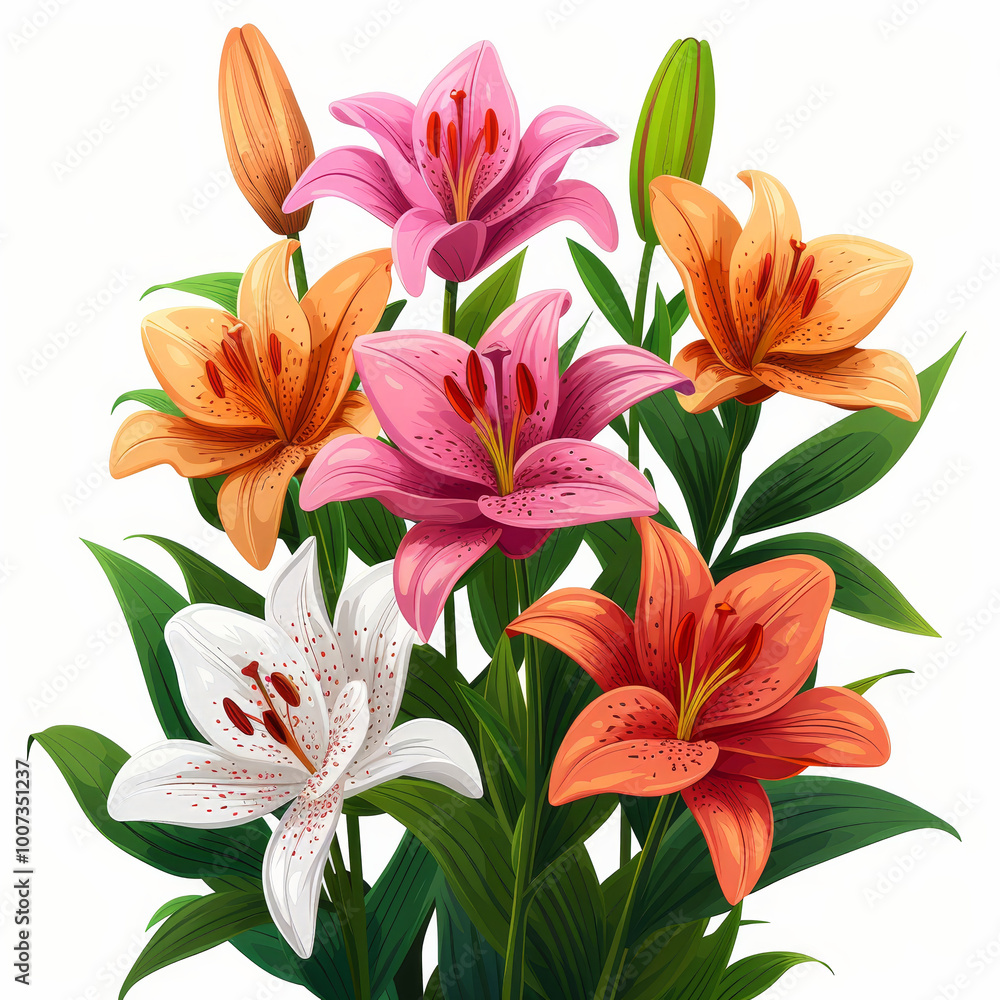 Fototapeta premium A stunning display of lilies featuring vibrant colors of pink, orange, and white