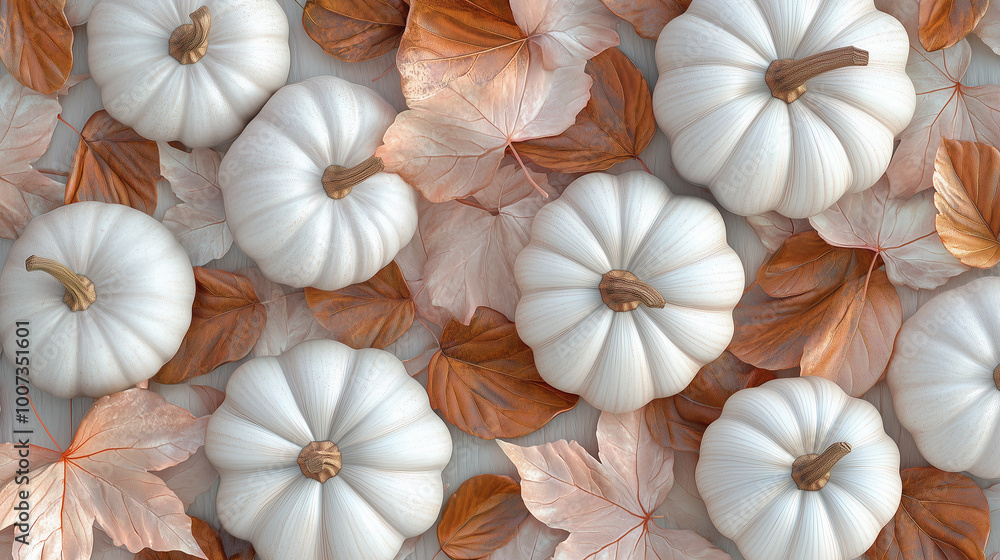 Pastelcolored pumpkins surrounded by autumn leaves in a delicate pattern, perfect for seasonal decor that radiates warmth and elegance Pastelcolored pumpkins surrounded by autumn leaves in a delicate pattern, perfect for seasonal decor that radiates warmth and elegance