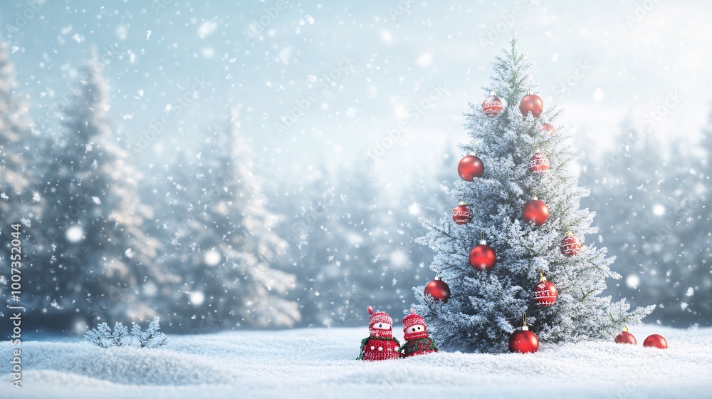 A Snowy Christmas Scene with a Decorated Pine Tree and Two Snowmen A Snowy Christmas Scene with a Decorated Pine Tree and Two Snowmen