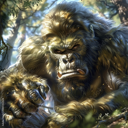 A fierce-looking gorilla sits among the trees, its sharp gaze fixed on the forest. The vivid sunlight filters through the leaves, highlighting the intricate details of its fur and muscles.