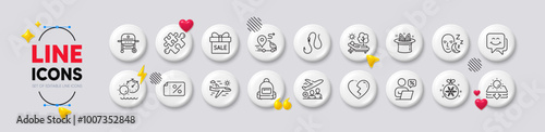 Passenger, Backpack and Delivery line icons. White buttons 3d icons. Pack of Broken heart, Tanning time, Puzzle icon. Christmas ball, Discount banner, Airplane travel pictogram. Vector photo