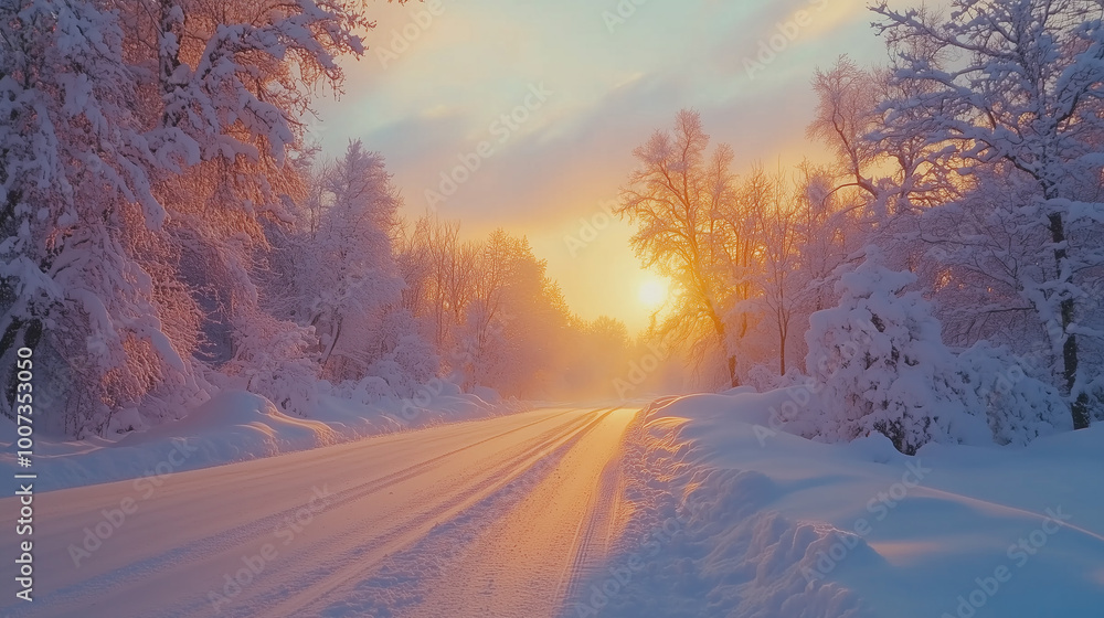 Stunning Winter Panorama SnowCovered Forest and Road at Sunrise Celebrate New Year with Scenic Views Stunning Winter Panorama SnowCovered Forest and Road at Sunrise Celebrate New Year with Scenic Views