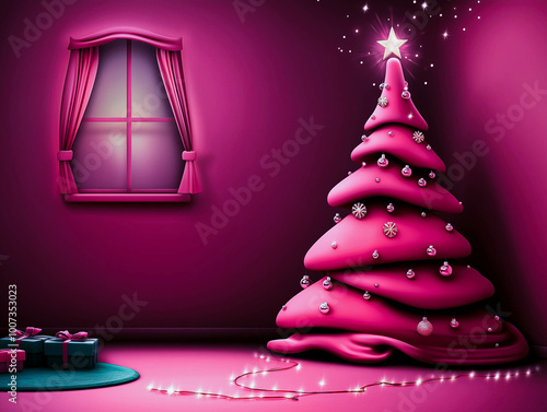 A whimsical purple Christmas tree adorned with twinkling lights and gifts under a magical room