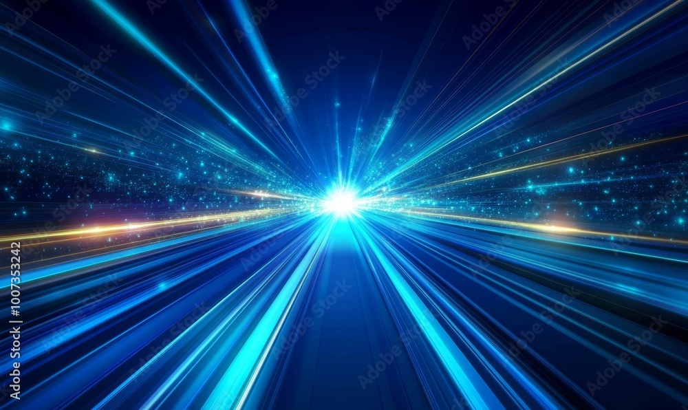 Abstract, science, futuristic, energy technology concept. Digital image of light rays, stripes lines with blue light, speed and motion blur over dark blue background Abstract, science, futuristic, energy technology concept. Digital image of light rays, stripes lines with blue light, speed and motion blur over dark blue background