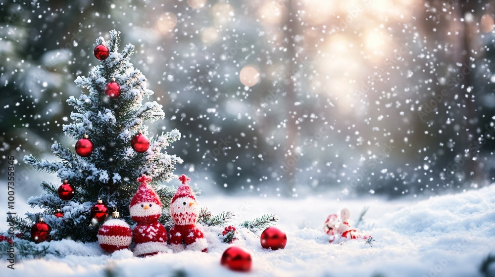 Decorated Christmas Tree with Snowmen in Winter Wonderland Decorated Christmas Tree with Snowmen in Winter Wonderland