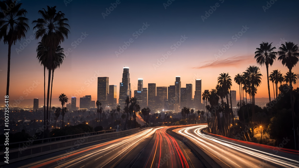 Fototapeta premium ヤシの木が前景に映えるロサンゼルスのスカイラインが描く、都会の美しさ。生成AI
