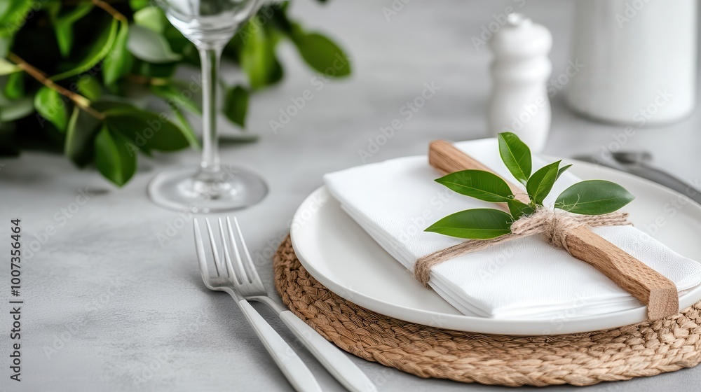 A simple yet elegant table setting features a white plate, napkin decor with greenery, showcasing a minimalist approach to modern dining aesthetics. A simple yet elegant table setting features a white plate, napkin decor with greenery, showcasing a minimalist approach to modern dining aesthetics.
