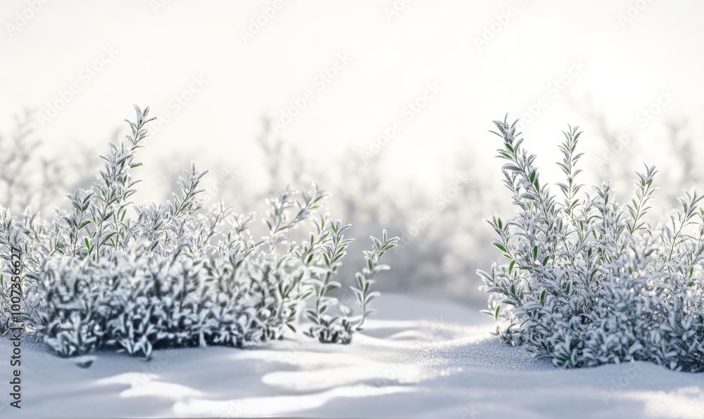 Fototapeta premium Sprigs of frosty thyme with tiny, delicate leaves covered in a light layer of snow, set against a winter landscape