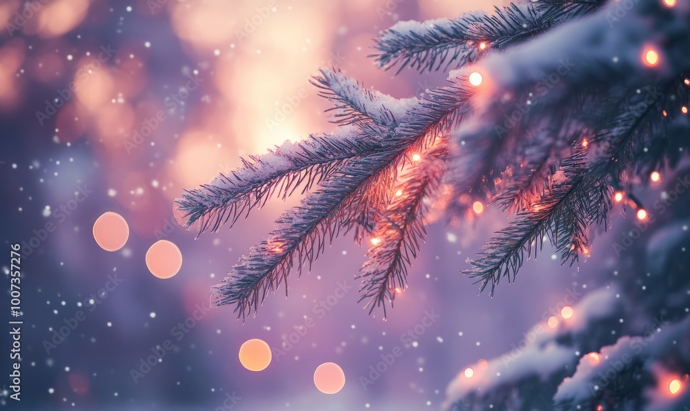 Frosty pine branches adorned with twinkling fairy lights, set against a peaceful snowy forest with a soft purple-pink winter sunset in the background Frosty pine branches adorned with twinkling fairy lights, set against a peaceful snowy forest with a soft purple-pink winter sunset in the background