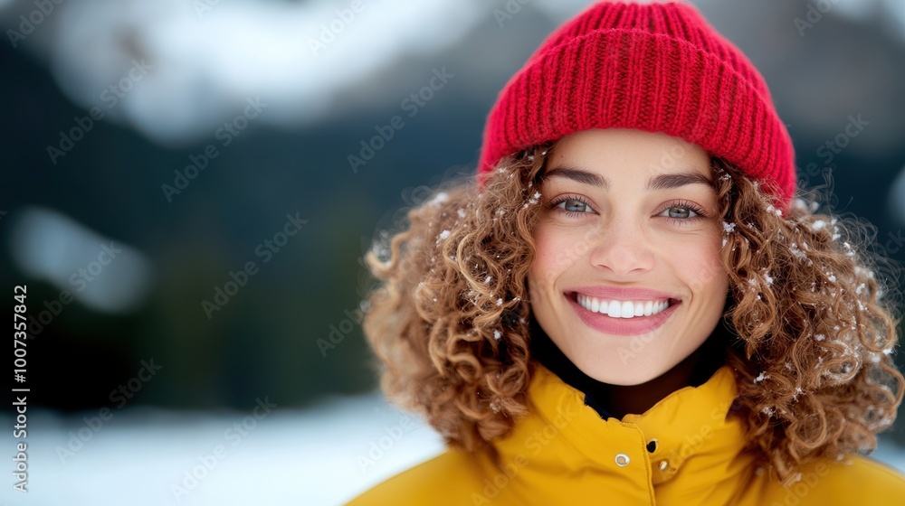 A woman with curly hair stands in a scenic snow-covered mountain landscape, wearing a red hat, capturing the essence of adventure, beauty, and joy in winter. A woman with curly hair stands in a scenic snow-covered mountain landscape, wearing a red hat, capturing the essence of adventure, beauty, and joy in winter.