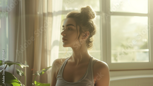 Sporty woman doing yoga stretching exercise near bright windows.