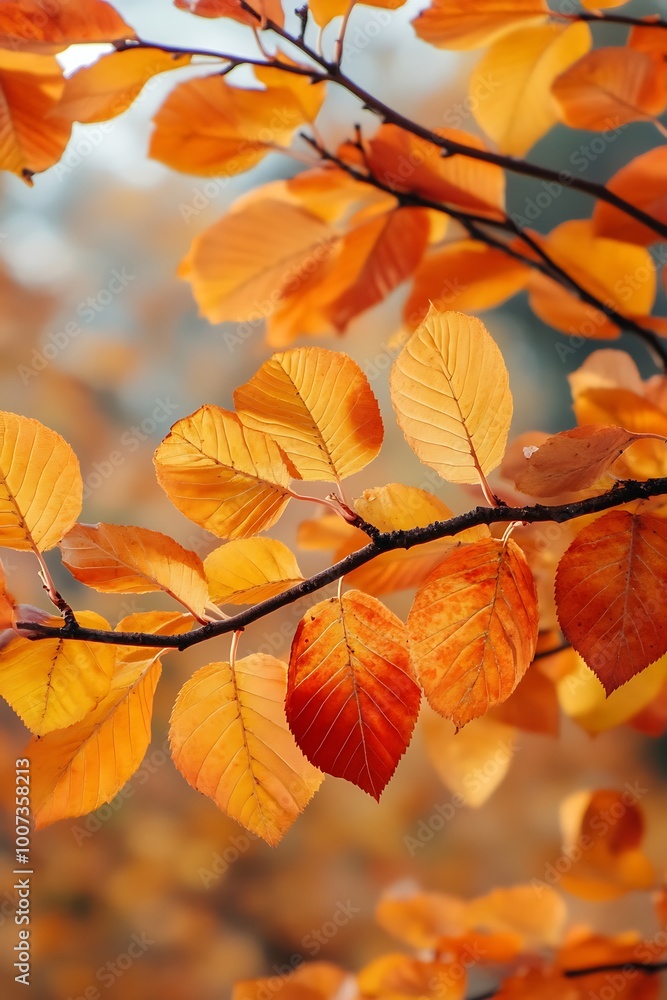 Obraz premium Autumn leaves on branch with vibrant colors and blurred background