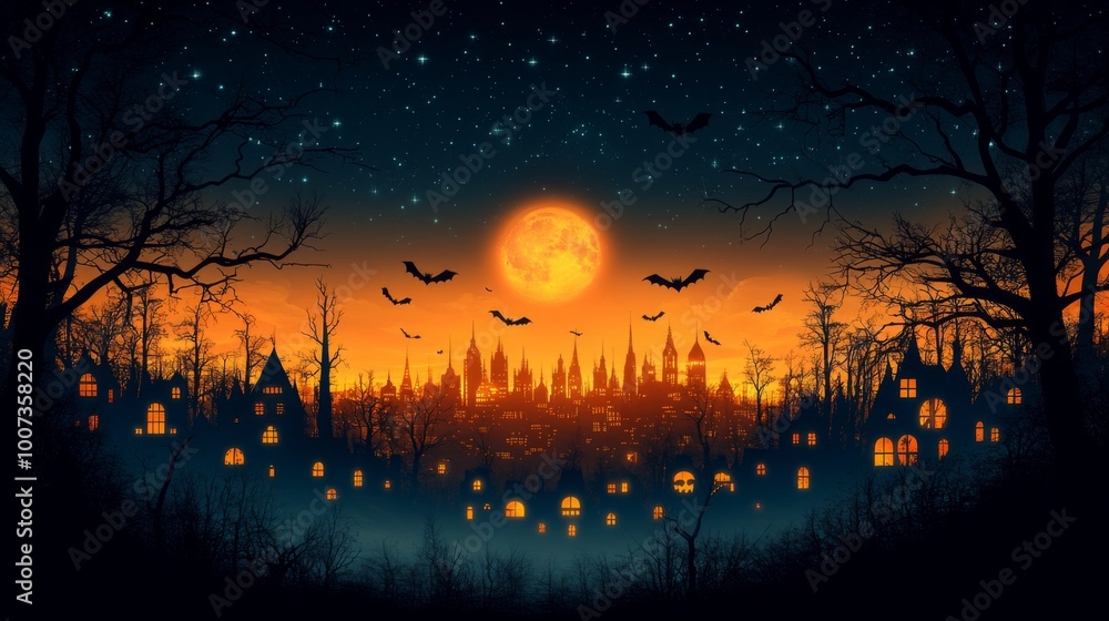  Halloween City panorama in a spooky style featuring a vibrant orange and yellow background.