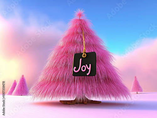 A surreal pink Christmas tree spreading joy in a magical winter scene