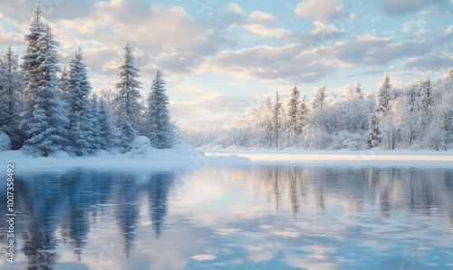 Frozen lake with soft reflections of snow-covered trees and subtle winter hues in the sky photo