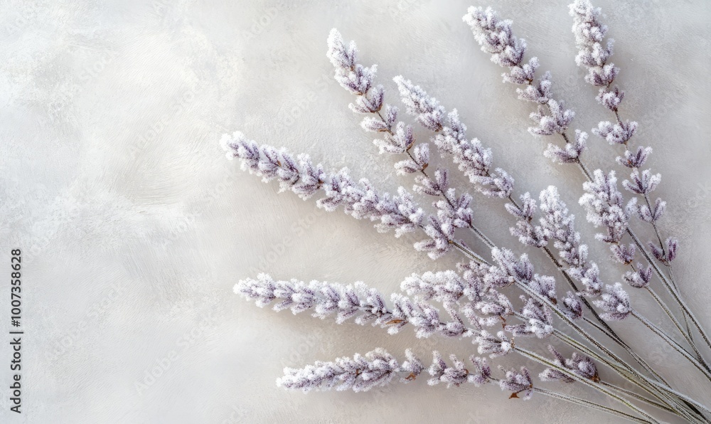 Frozen lavender stems with delicate frost details creating a serene winter botanical arrangement Frozen lavender stems with delicate frost details creating a serene winter botanical arrangement