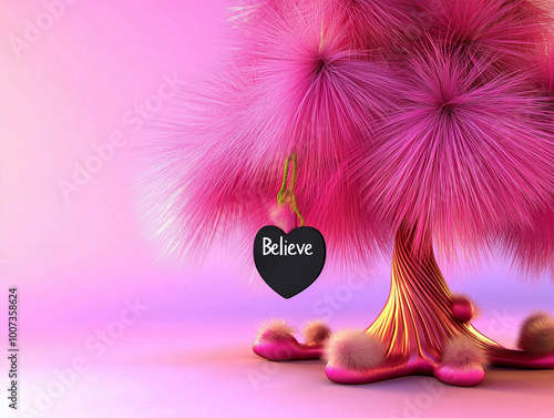 A surreal pink Christmas tree that whispers the message "believe" in a magical winter wonderland