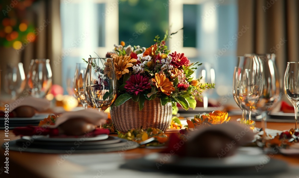 Naklejka premium Thanksgiving table with autumn centerpieces and place settings