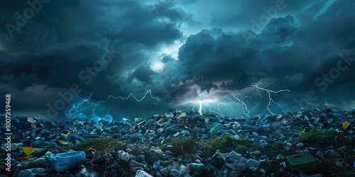 Plastic waste and garbage piles under a dramatic stormy sky with lightning and dark clouds photo