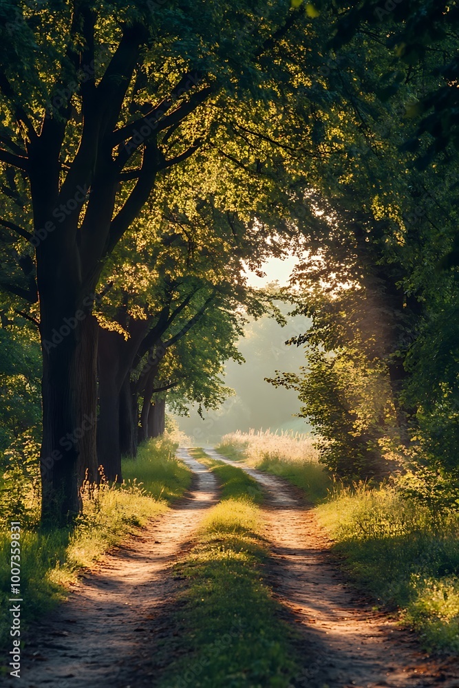 Obraz premium Sun Rays Through Trees in Forest Path, Woodland Scenery Landscape